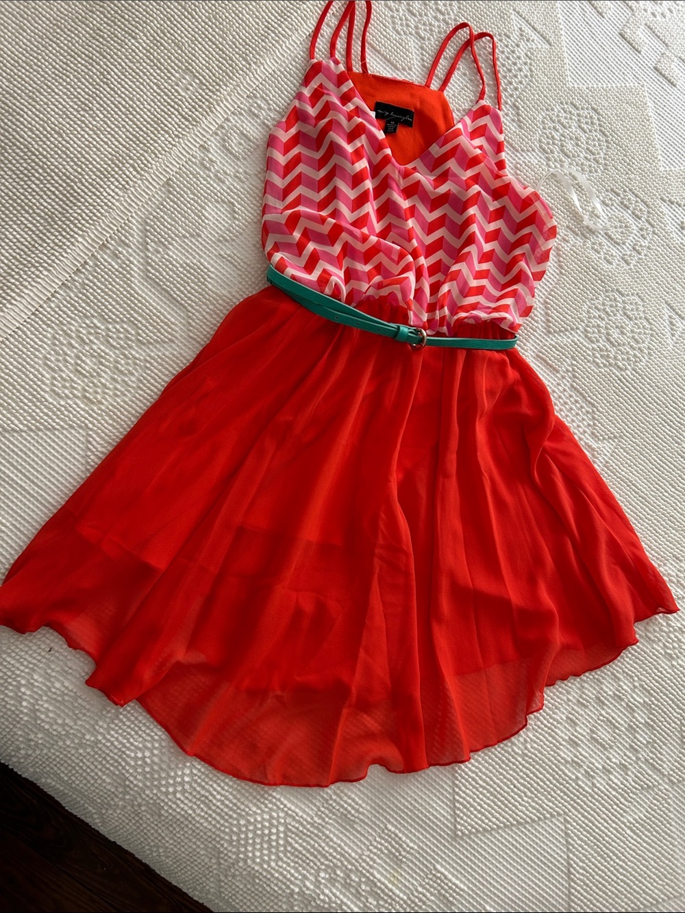 City Triangles Pink Chevron Top Red Skirt Dress with Green Belt